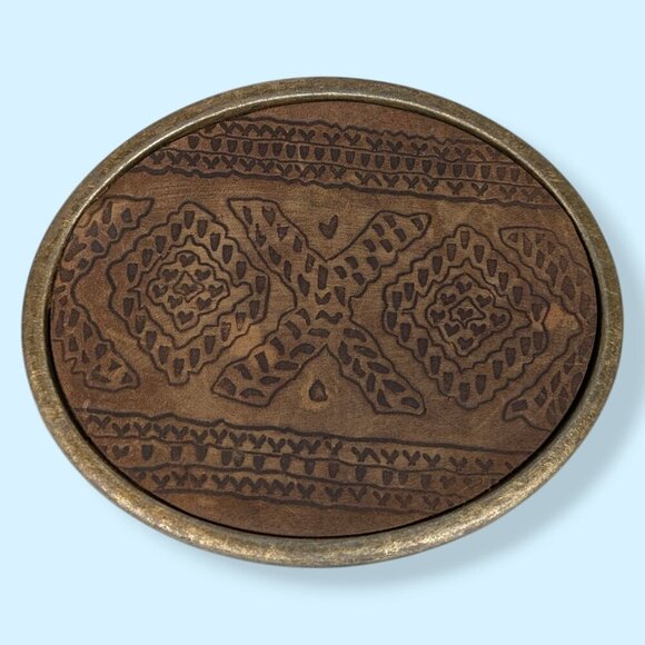 Vintage Artisan Leather & Brass Belt Buckle - Picture 1 of 6